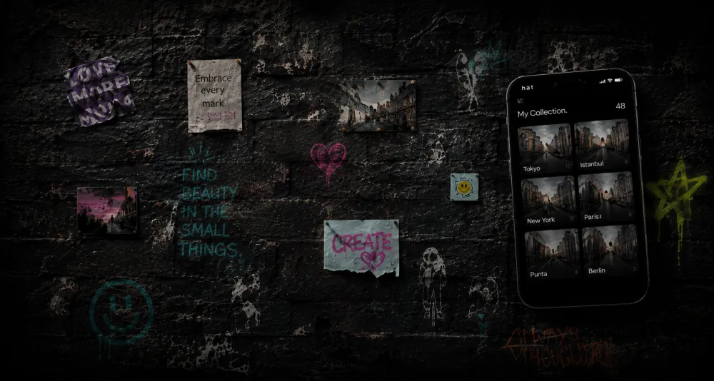 A mobile collection shown beside painted symbols on a wall