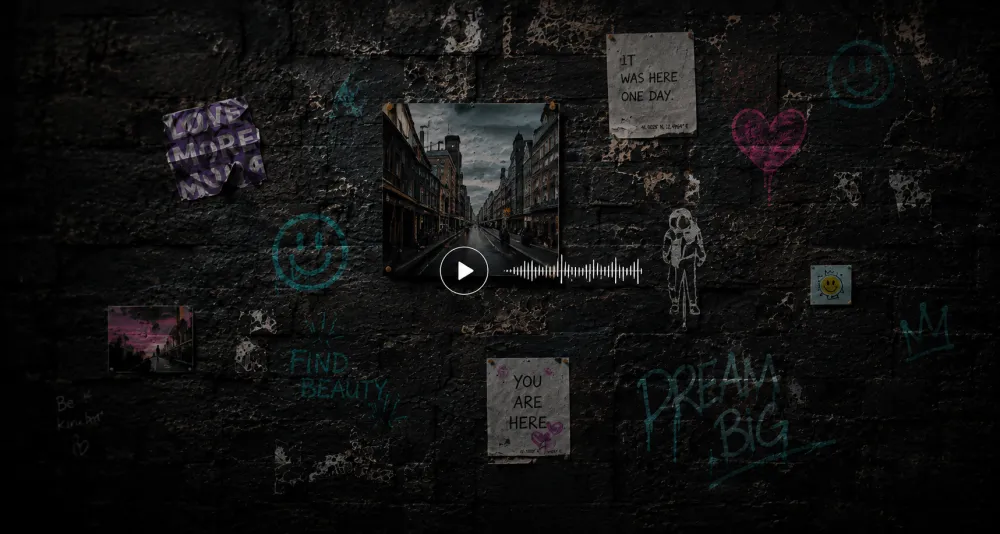 Photographs, a heart drawing and an audio story attached to a wall