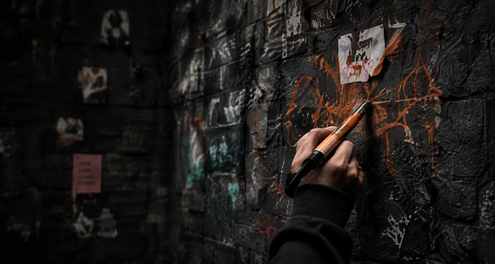 A hand leaving an orange drawing on a dark brick wall