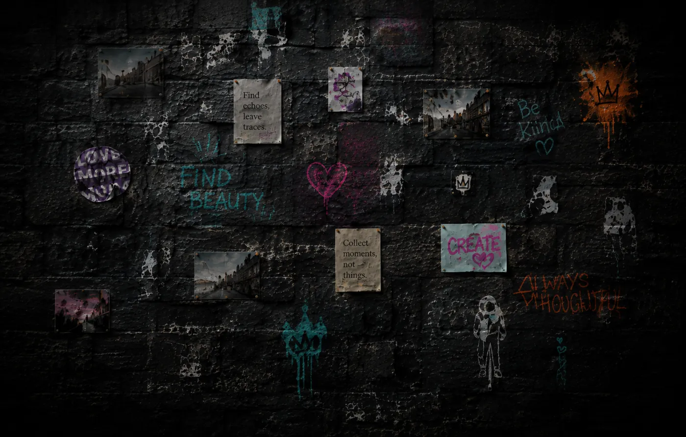 A panoramic wall filled with photographs, notes, symbols and memories