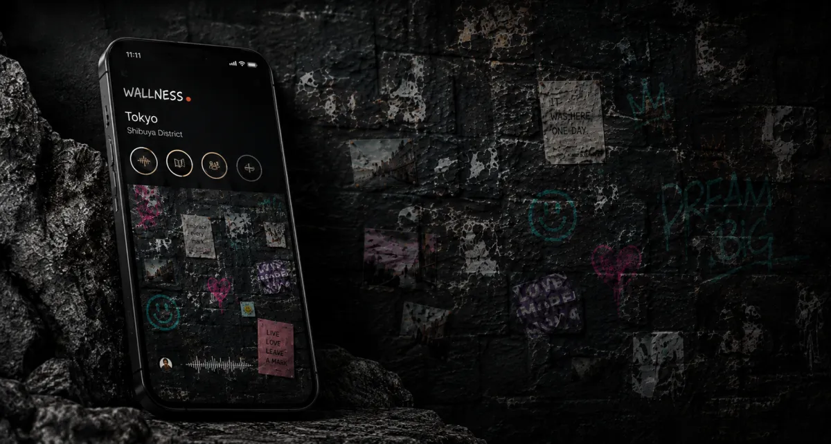 Wallness mobile app shown beside a textured black stone surface