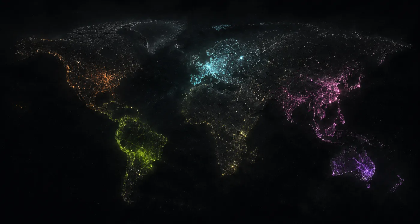 A glowing world map made from colorful points of shared stories
